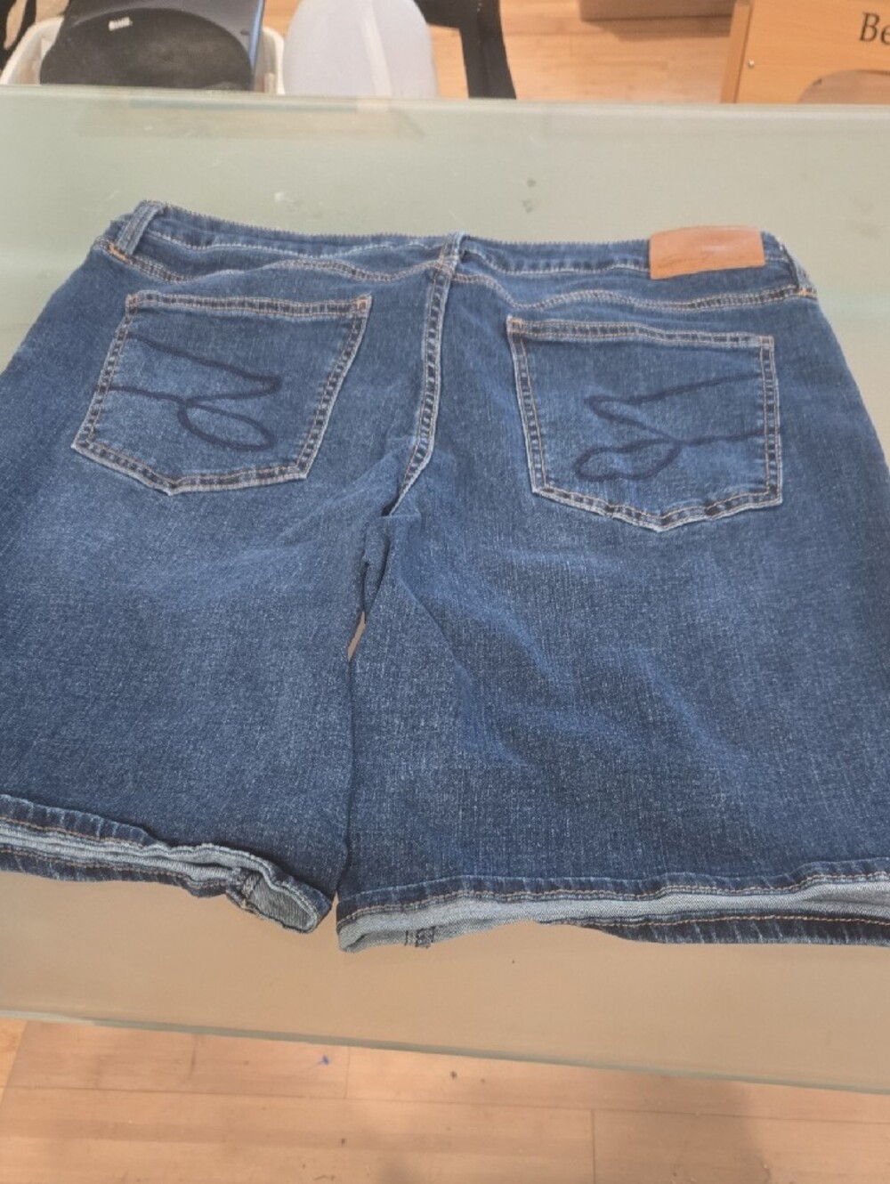 Seven7 Blue Denim Shorts with Tan Leather Patch - Picture 2 of 10